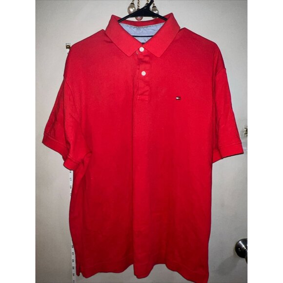 Tommy Hilfiger Mens Polo LARGE Red Shirt Short Sleeve Button Front Collar - Picture 1 of 4